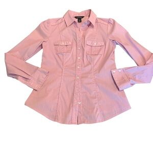 White House Black Market Red White Pin Stripe Fitted Stretch Button Up Top 2